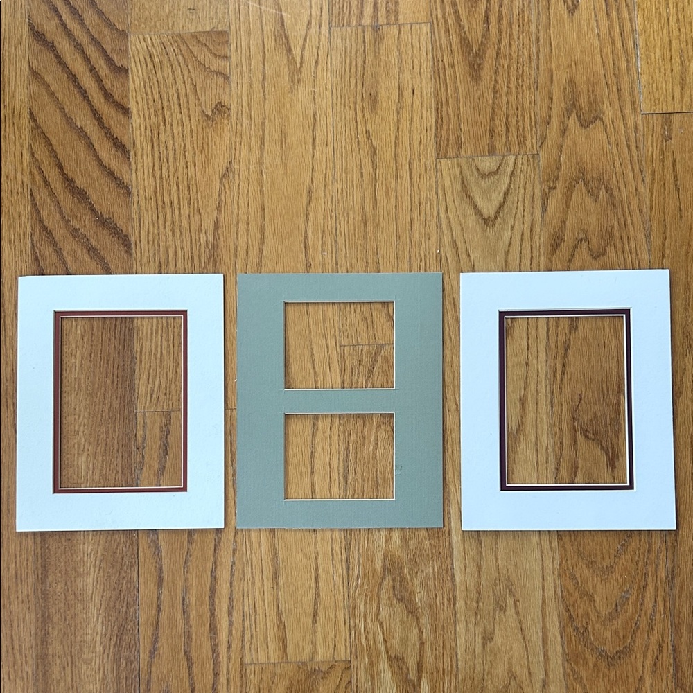 Elegant White and Green Photo Mat Set; Two For 5”x7”Prints & One for 3.25x 4.25”